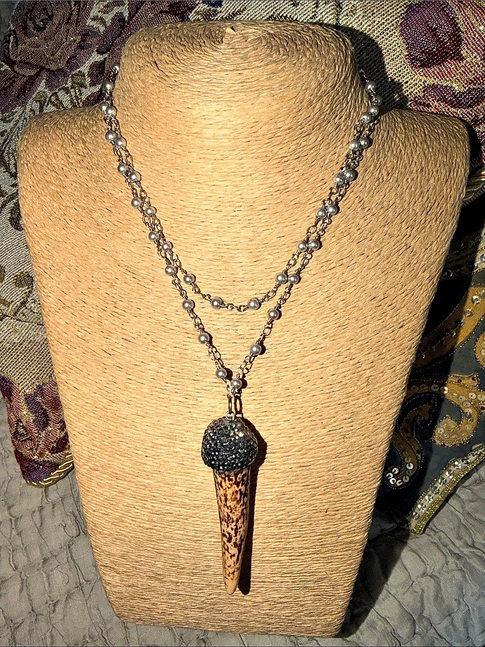 Statement Horn Pendant Necklace in Brown & Silver tiny wire wrapped pearls chain